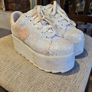 YRU Pink and White Sequin Platform Sneakers